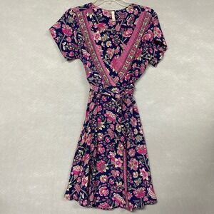 RAGA Wrap Dress Women's S Floral V-Neck Whimsical Navy Pink Flowy Boho Fairy